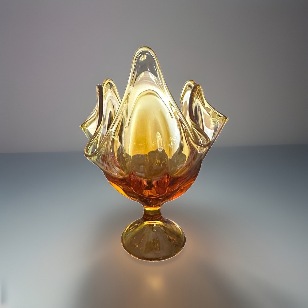 Viking Amber Art Glass Handkerchief Vase Six Petal Pedestal Mid Century 7.75" T - Picture 6 of 12
